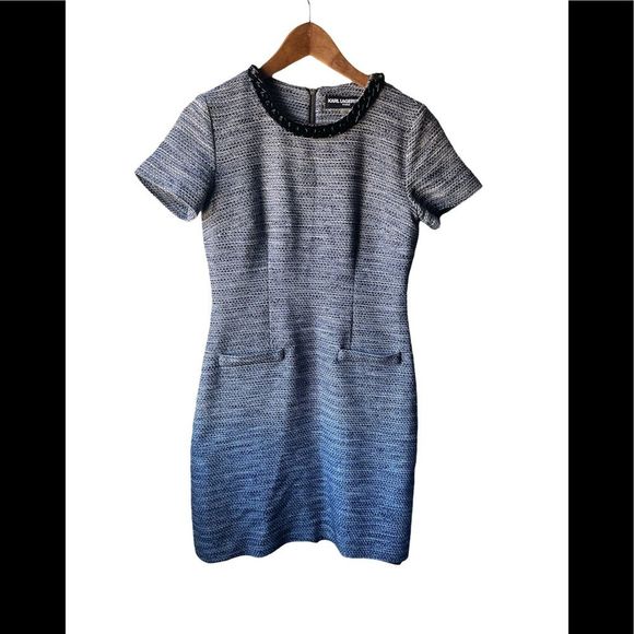 Karl Lagerfeld short sleeve blue and white tweed style shift dress size 2 - Picture 1 of 13
